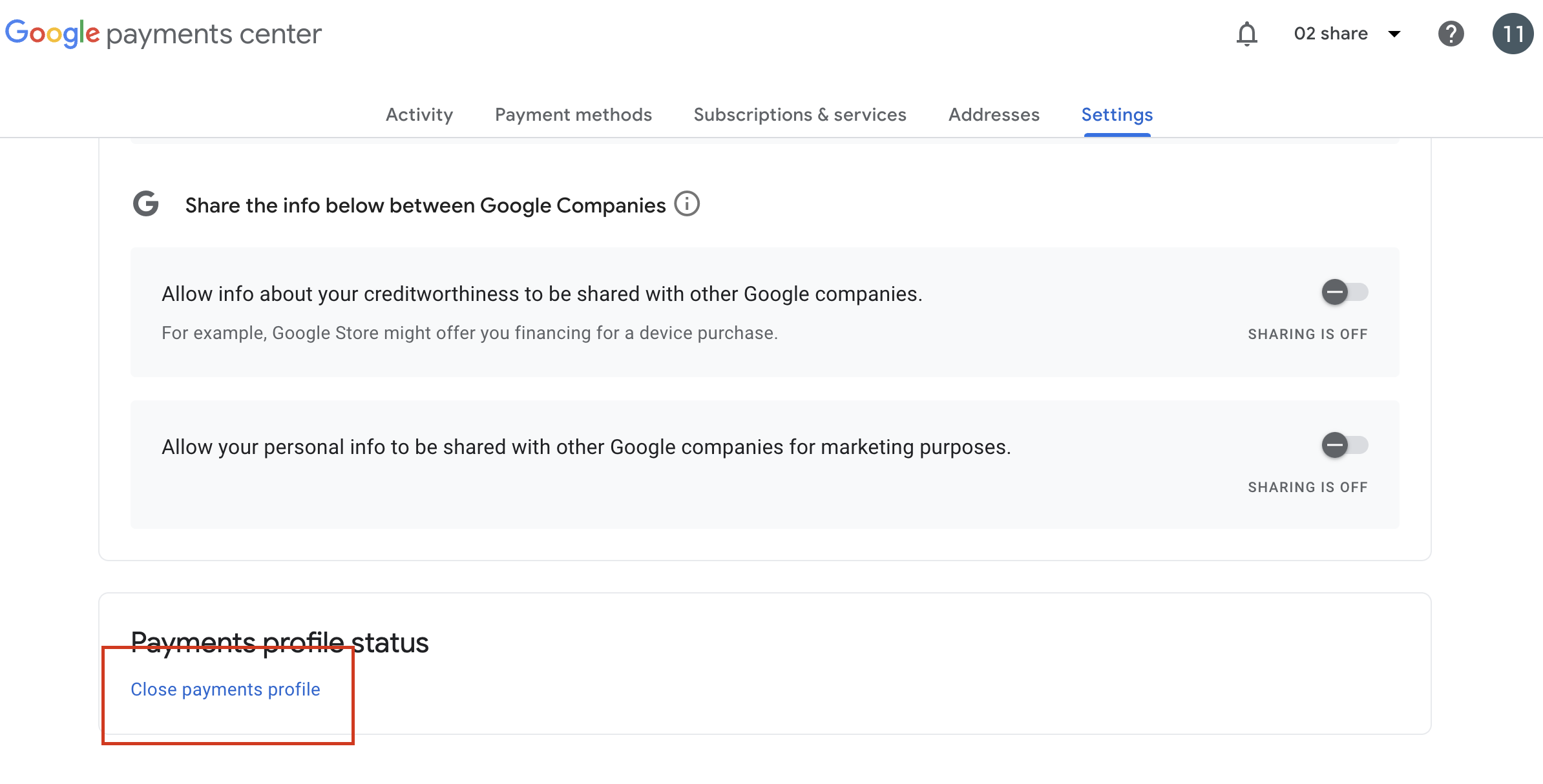 Google Payments Center 中的关闭付款资料入口 Google Payments Center 中的关闭付款资料入口
